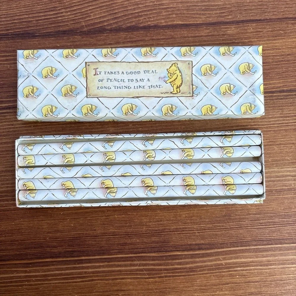 Vintage Winnie The Pooh Pencil Set Of 5 w/ Storage Box Disney Stationery Gift